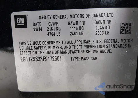 2015 Chevrolet Impala 2Lt z USA, uszkodzony, nr VIN 2G1125S33F9172601